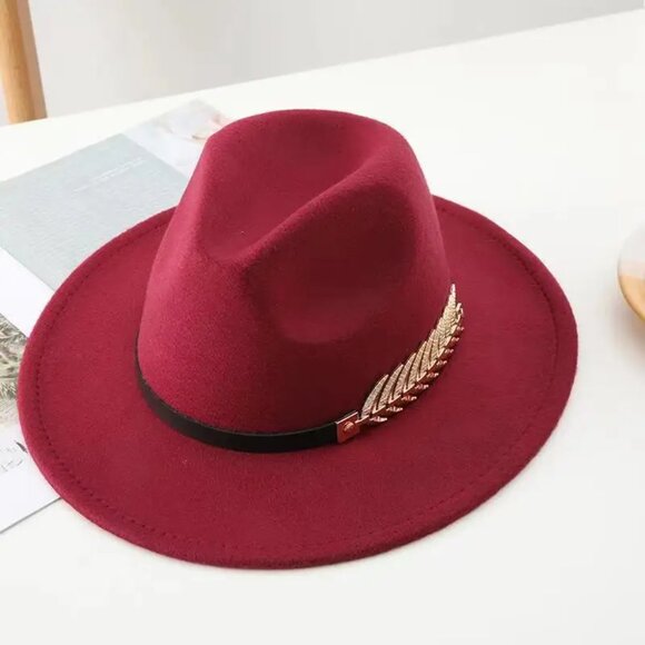 NWT Women’s Red Retro Stylish Fedora Hat with Gold-Plated Metal Leaf Decor - Picture 1 of 13
